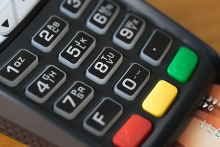 Close up Credit card payment wood background