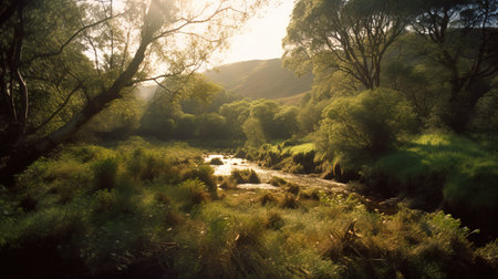 Beautiful landscape image of a river flowing through the hills at sunsetの素材
