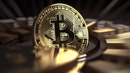 Golden bitcoin on a gold background. Cryptocurrency concept. 3D illustration.の素材