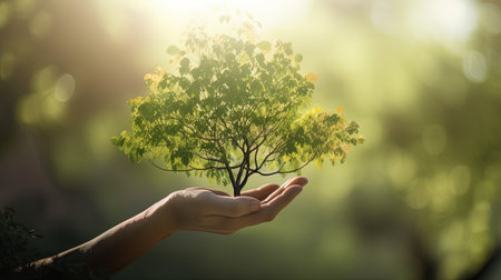 Human hands holding a tree in the forest with bokeh backgroundの素材