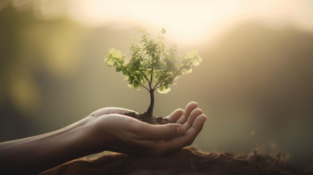 Hands holding a tree growing from soil with nature background, World Environment Day conceptの素材