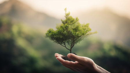 Human hands holding a small tree on blurred nature background. Ecology conceptの素材