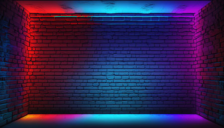 Red and blue neon light on brick wall background. Vector illustration.の素材