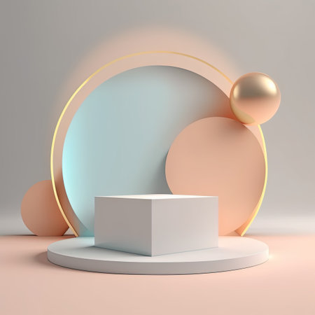 3d render, abstract minimal geometric forms, pastel colors, podium for your designの素材