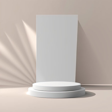 3d render of white round podium for product presentation in room with light raysの素材