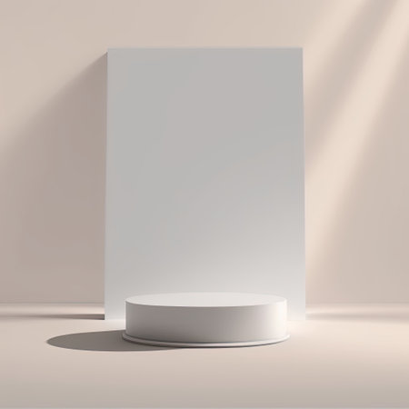 3d rendering of white pedestal podium with shadow on the wallの素材