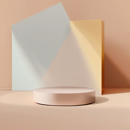 3d render of abstract minimal geometric forms. Glossy golden podium for your design.の素材