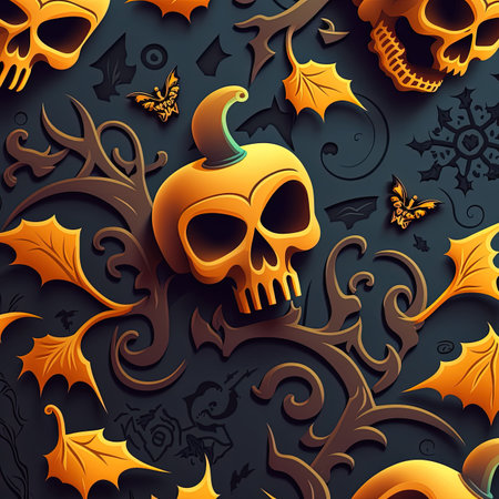 Halloween background with skull, leaves and butterflies. Vector illustration.の素材