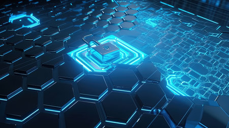Cyber security concept with glowing padlock on hexagonal background 3D renderingの素材