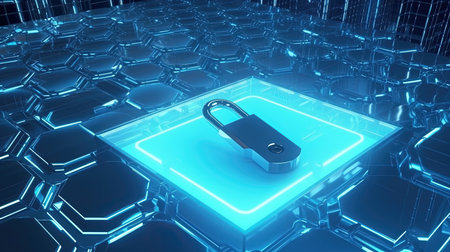 Cyber security concept with padlock on hexagonal background 3D renderingの素材
