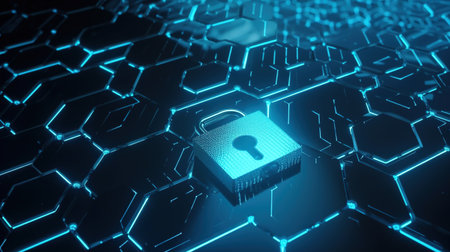 Cyber security concept with padlock on hexagonal background 3D renderingの素材