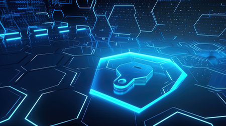 Glowing padlock icon on hexagons background. Cyber security concept. 3D Renderingの素材
