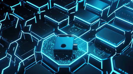 Cyber security concept with padlock and hexagons. 3D Renderingの素材