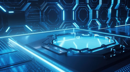 3D rendering of a blue futuristic background with a glowing turntableの素材