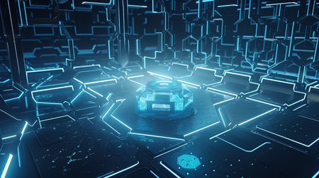 3D rendering of futuristic technological background with neon lights. 3D illustrationの素材