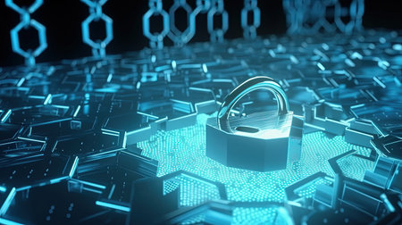 Cyber security concept with padlock on hexagons background 3D renderingの素材