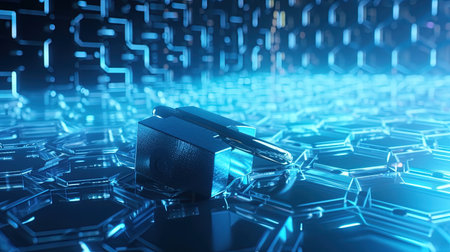 3d rendering of a padlock on a futuristic circuit board backgroundの素材