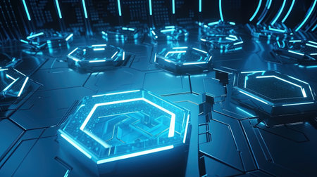 Futuristic technological background with glowing hexagons. 3d renderingの素材