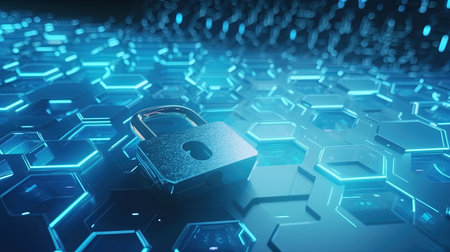 Cyber security concept. Closed padlock on hexagonal background. 3D renderingの素材