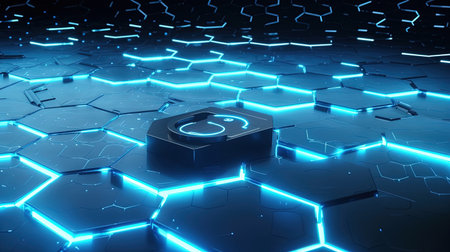 3D rendering of abstract hexagon background with glowing blue neon lightsの素材