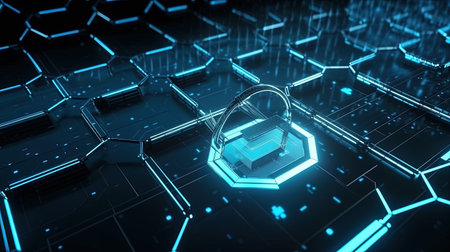 Cyber security concept with padlock on dark background 3D renderingの素材