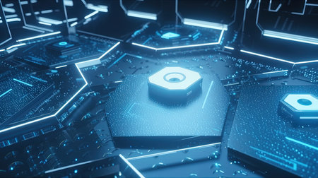 Futuristic technology background with hexagons and bolts 3d renderingの素材
