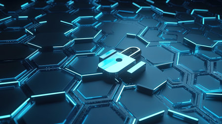 Cyber security concept. Padlock on hexagonal background. 3D renderingの素材