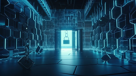 3D rendering of a futuristic hallway with a lock and a keyの素材