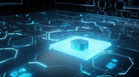 3D rendering of a computer processor on a blue background with a circuitの素材
