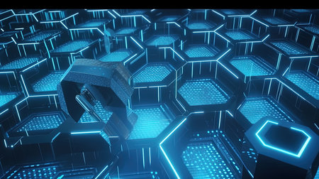 3d rendering of cyber security concept with closed padlock and hexagonsの素材