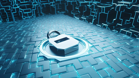 3d rendering of cyber security concept with padlock on blue backgroundの素材
