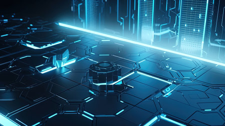 Futuristic technological background with glowing lines and hexagons. 3d renderingの素材