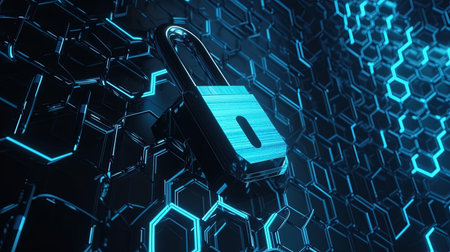 Cyber security concept with padlock on hexagon background 3D renderingの素材