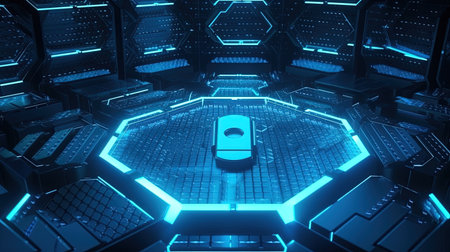 3D rendering of a futuristic server room with blue neon lights.の素材