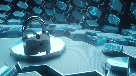 Cyber security concept with padlock on hexagonal background 3D renderingの素材