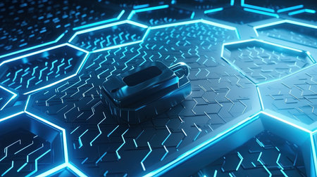 Cyber security concept. Abstract 3d rendering illustration of lock on hexagonal backgroundの素材