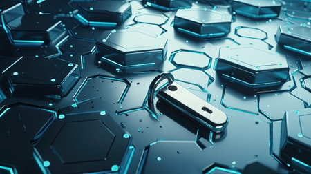 Highly rendering of key chain on hexagonal background. Cyber security conceptの素材