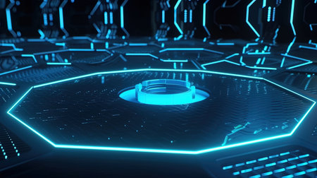 Futuristic technology interface with blue neon lights. 3D renderingの素材