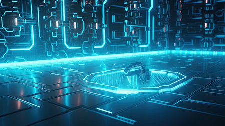 Cyber security concept with padlock on circuit board 3D renderingの素材