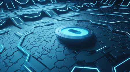 3D rendering of an abstract technological background with a glowing blue buttonの素材