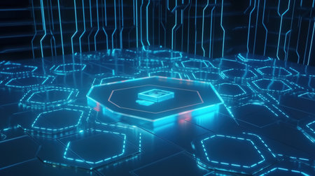 3d rendering of abstract technological background with hexagons and neon lightの素材