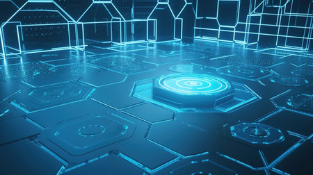 Futuristic polygonal background with blue glowing elements. 3d renderingの素材