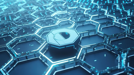 3D rendering of abstract background with hexagons and metal elements.の素材