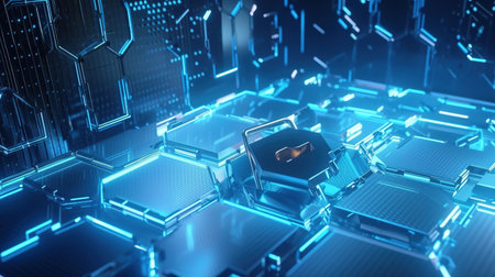 Cyber security concept. 3d rendering toned image double exposureの素材