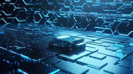 3D rendering of abstract technological background with hexagons and circuit board.の素材