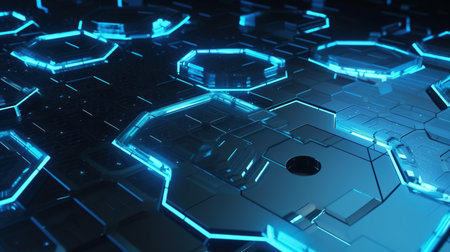3D rendering of abstract technological background with hexagons and glowing linesの素材