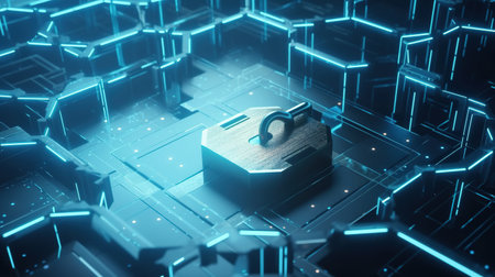 3D rendering of a padlock on a futuristic background. Cyber security conceptの素材