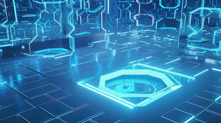 3D rendering of a futuristic user interface with HUD elements in cyberspaceの素材