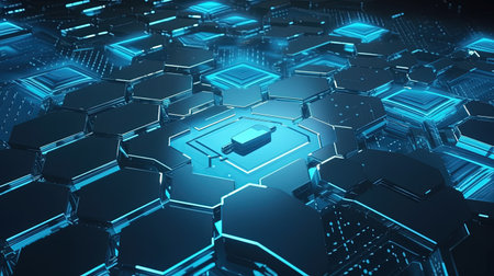 3D rendering of abstract technology background with hexagons and digital elementsの素材