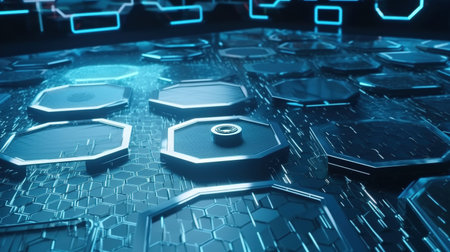 Futuristic technological background with glowing hexagons. 3d renderingの素材